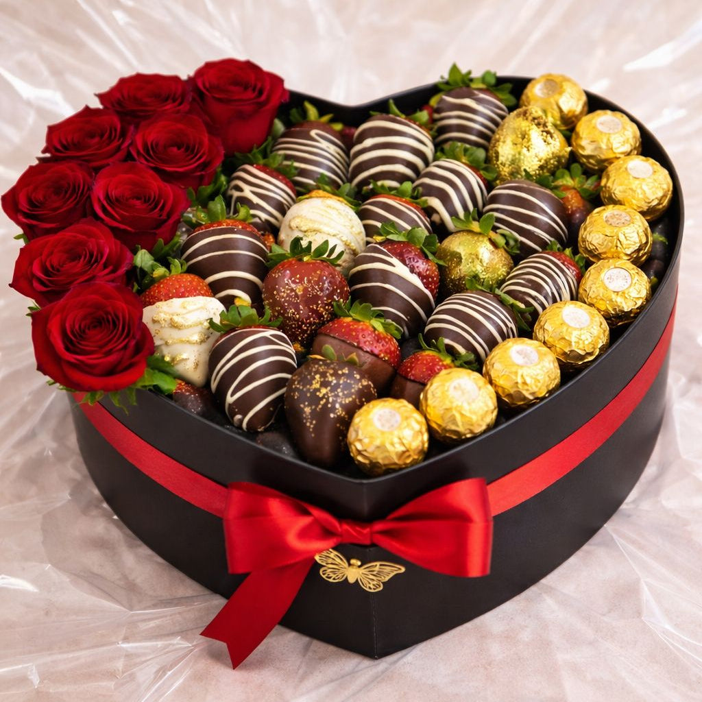 Heart-shaped box with red roses, chocolates, and Ferrero Rocher on a clear background